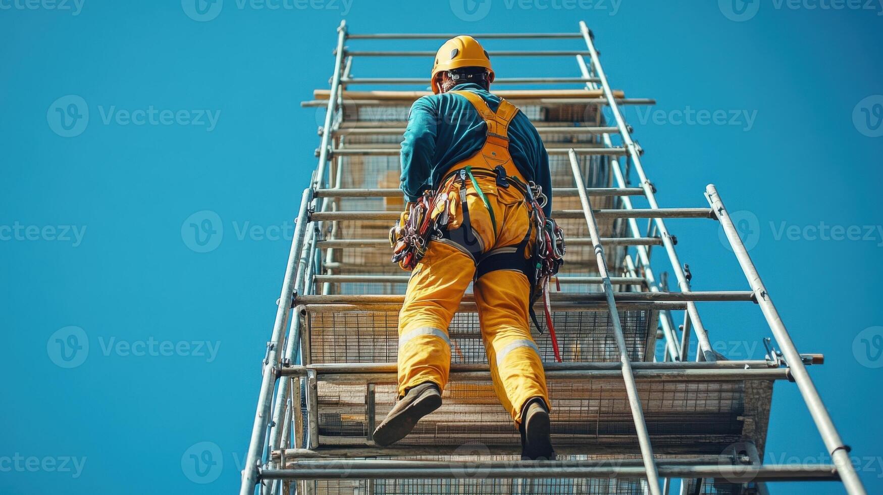 Worker wearing safety gear climbs metal scaffolding against blue sky. Person ascends structure with ropes harness and protective helmet on a sunny day. photo