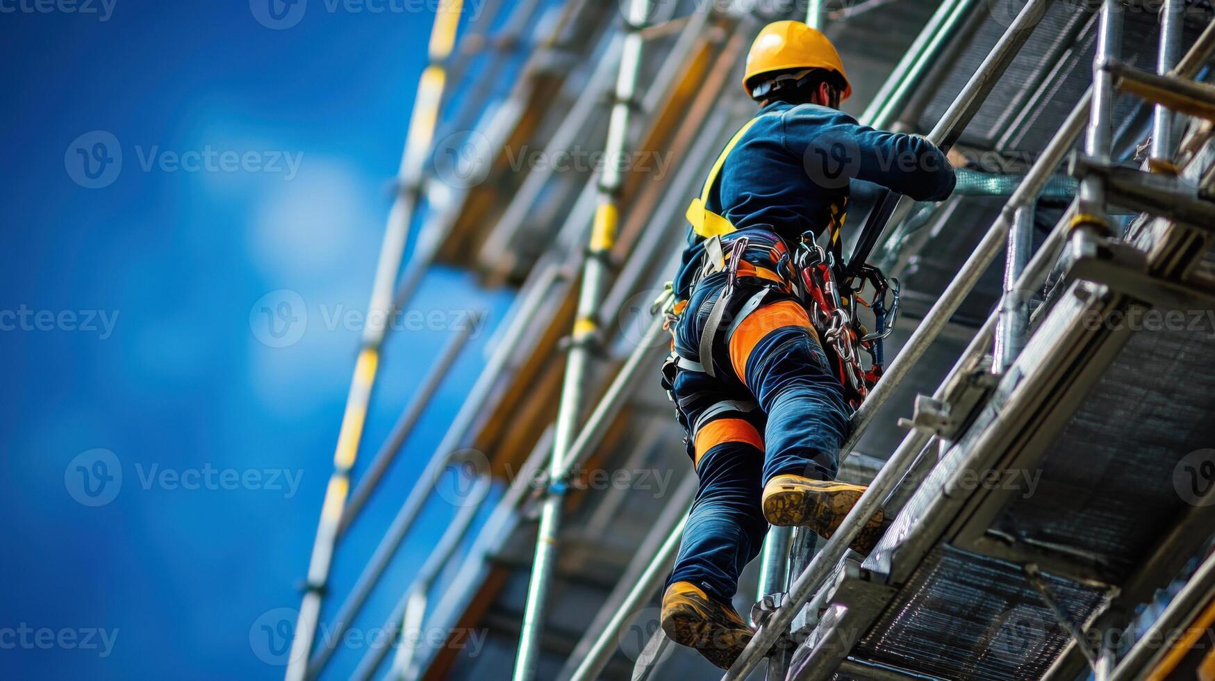 Construction worker ascends metal scaffolding. Person wears safety gear climbing frame. Clear blue sky background. Engineering and building industry scene. photo