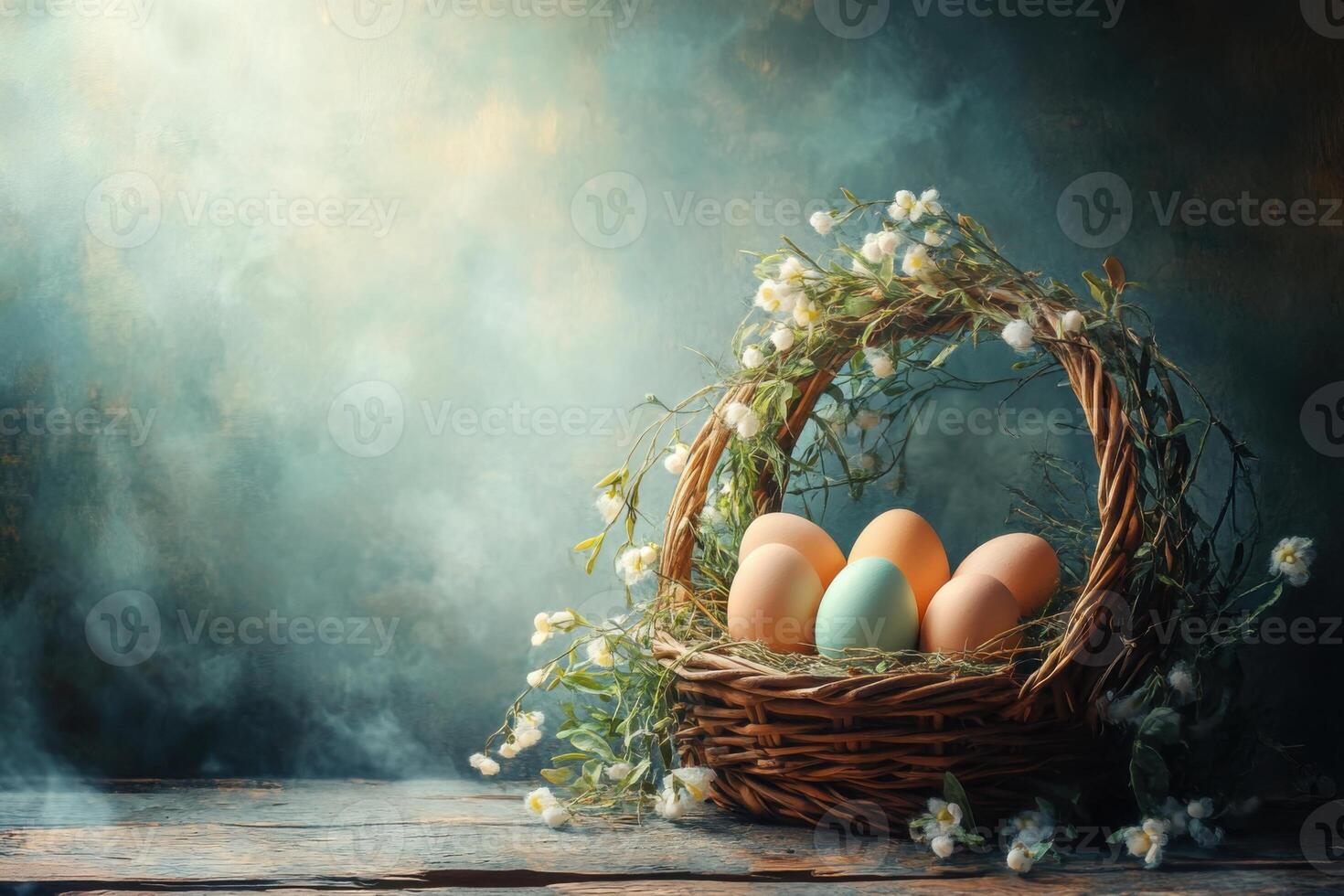 Happy Easter. Basket with colorful eggs and white flowers on a wooden surface. Light shines on the composition. Background with blurred blue tones. photo