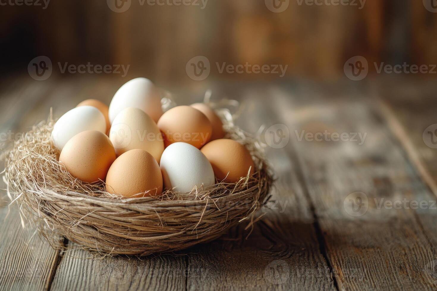 Happy Easter. Eggs in nest on wooden table. Assorted brown and white eggs lie naturally. Rustic background with farm fresh organic eggs. photo