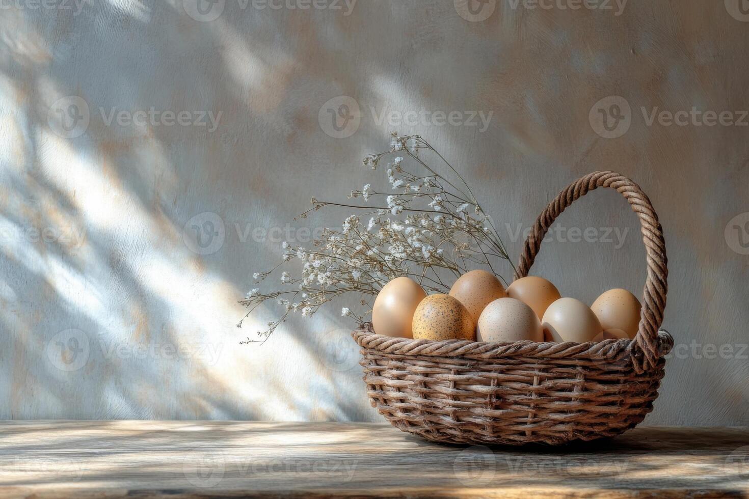Happy Easter. Eggs in woven basket with small white flowers on wooden table under soft sunlight against neutral wall. Still life of natural brown eggs. photo