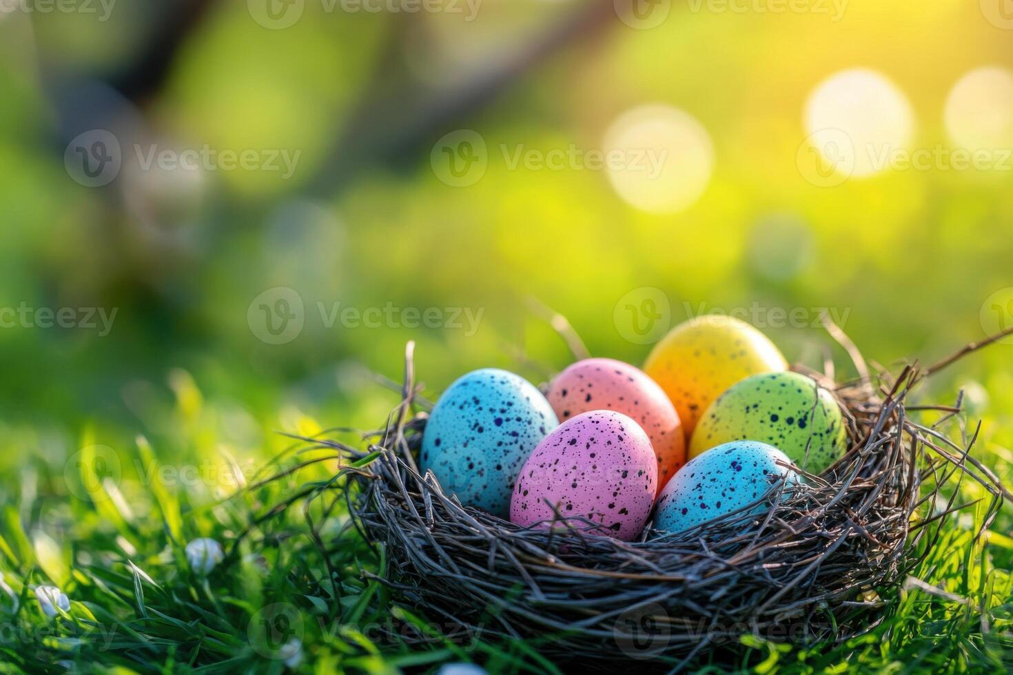 Happy Easter. Colorful speckled eggs sit in a twig nest on bright green grass with soft sunlight background. A simple celebration of spring. photo