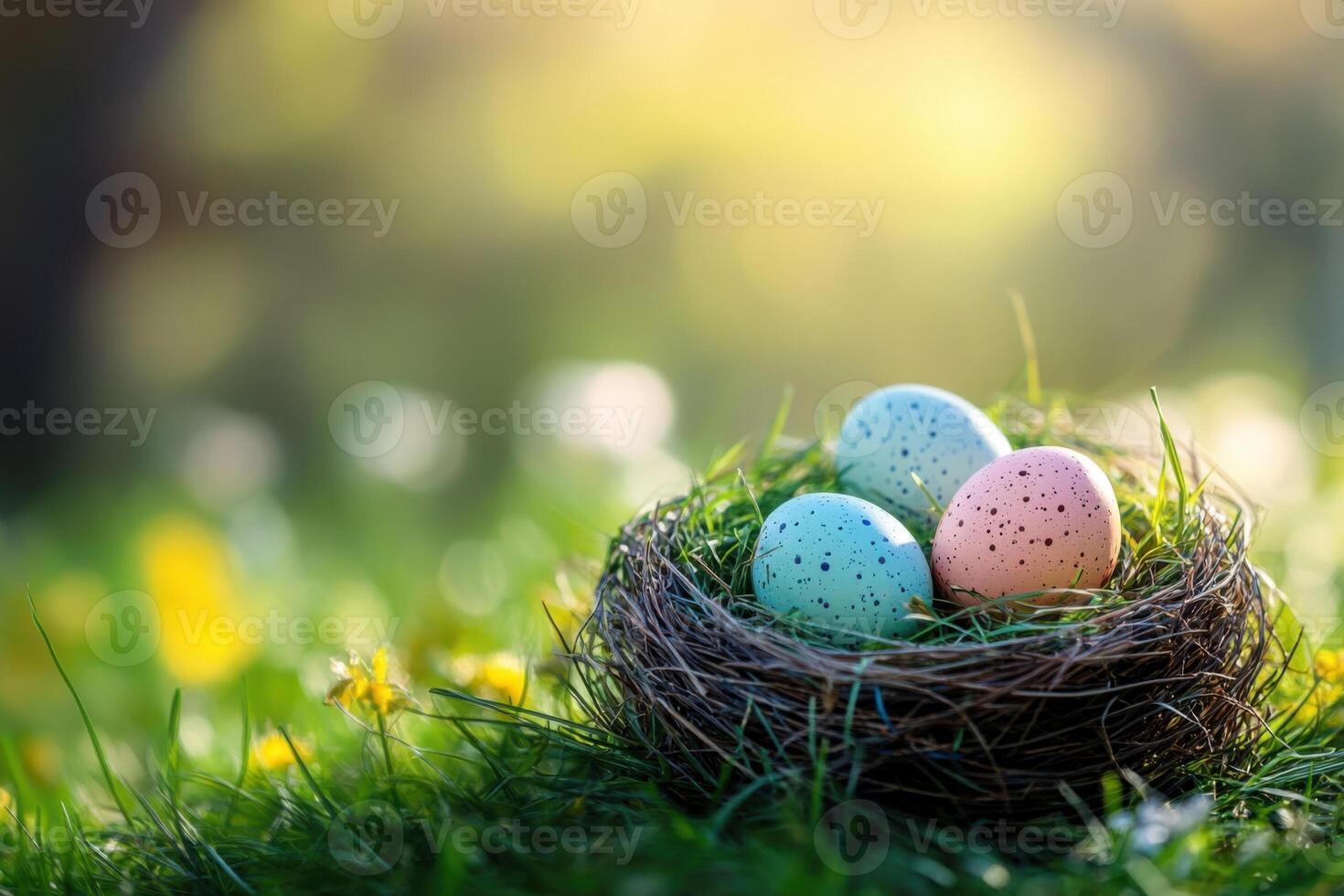 Happy Easter. Three speckled eggs rest in small twig nest. Bright green grass and small yellow flowers bloom in soft sunlight. Outdoor spring scene. photo