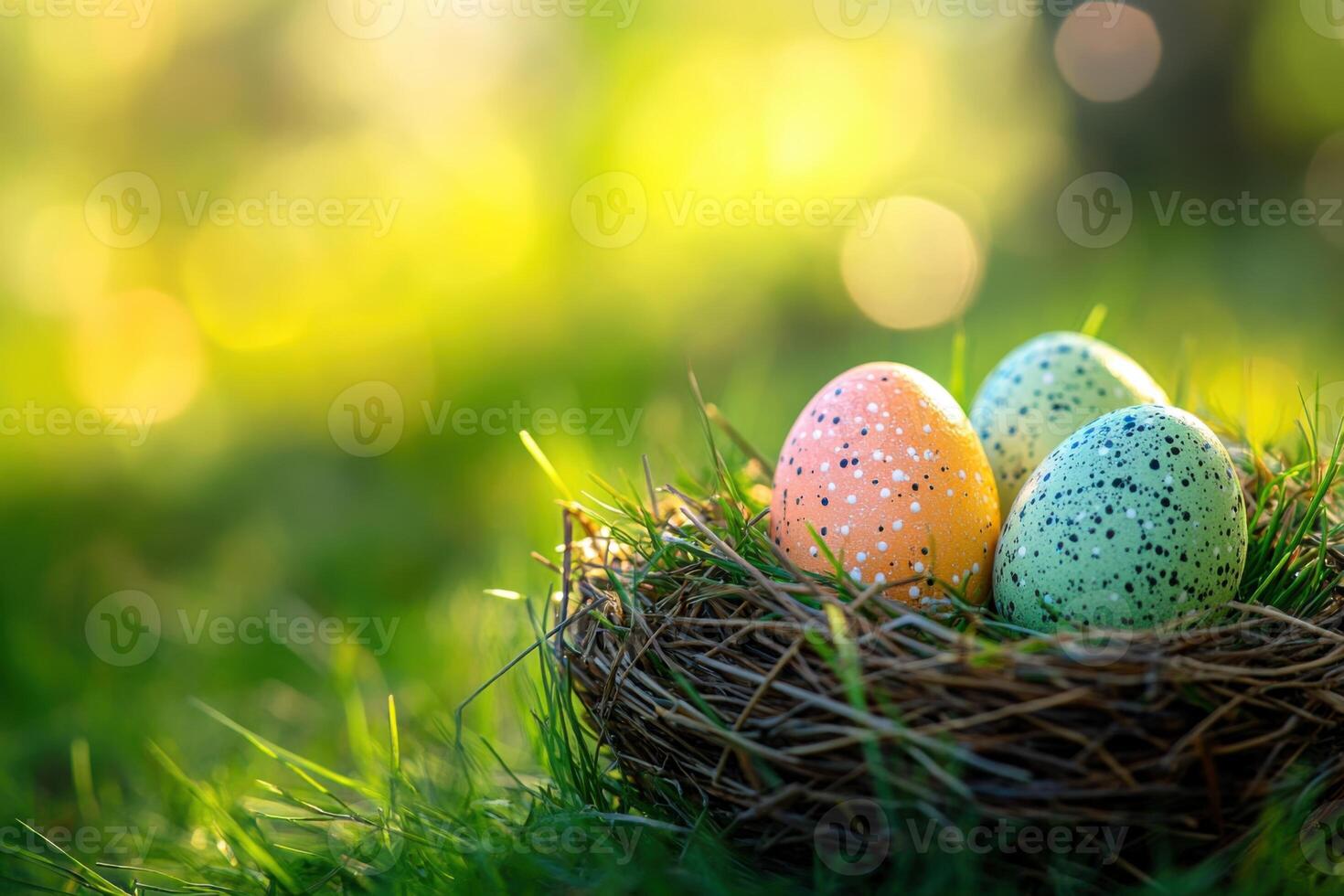 Happy Easter. Colorful spotted eggs in a nest. Green grass and a blurry sunny background. Traditional decorated objects for celebration. Spring outdoor scenery with food. photo