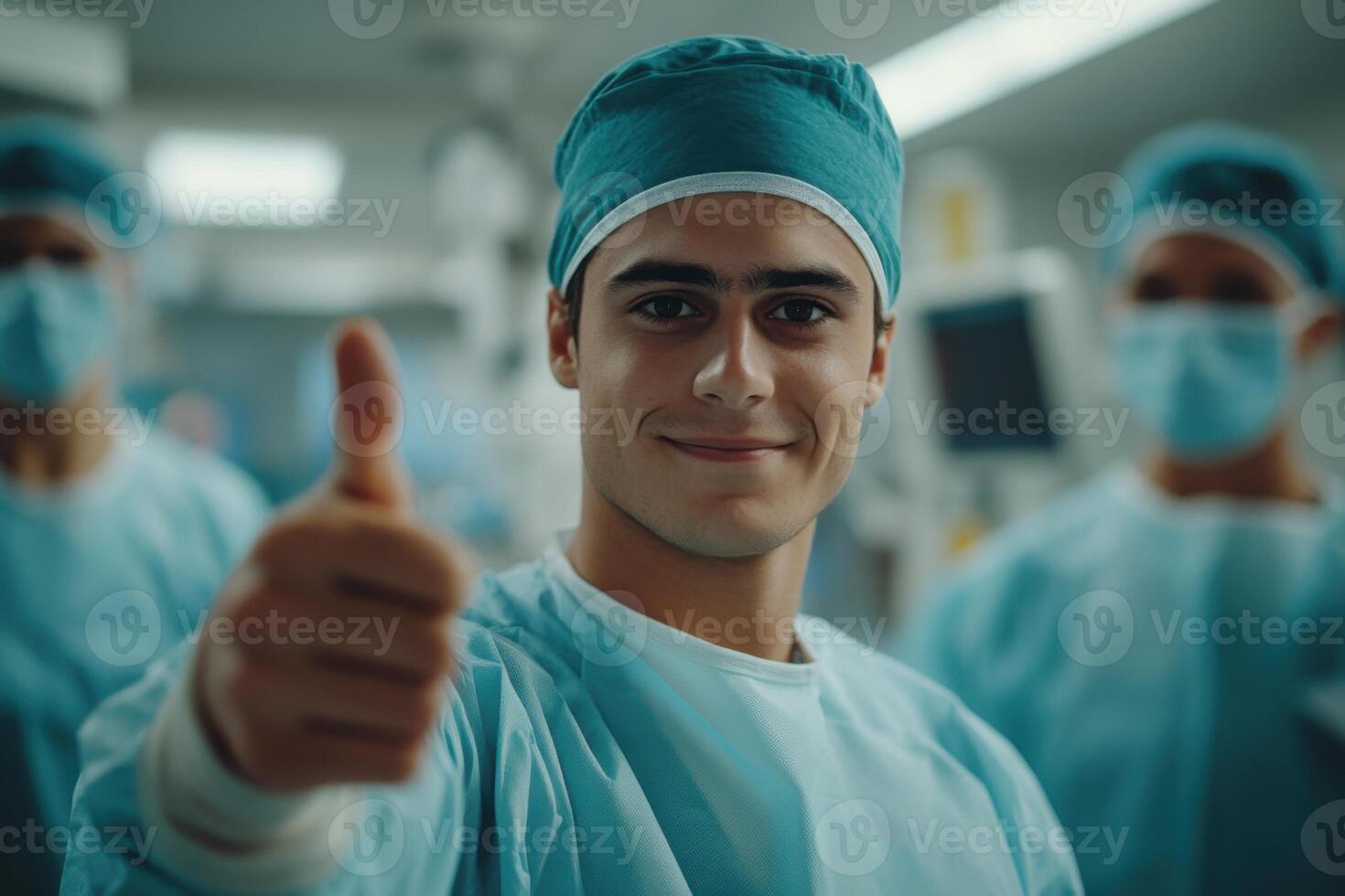 Smiling medical worker shows thumbs up. Group of masked people wearing scrubs. Modern operating room backdrop. Healthcare worker giving approval. photo