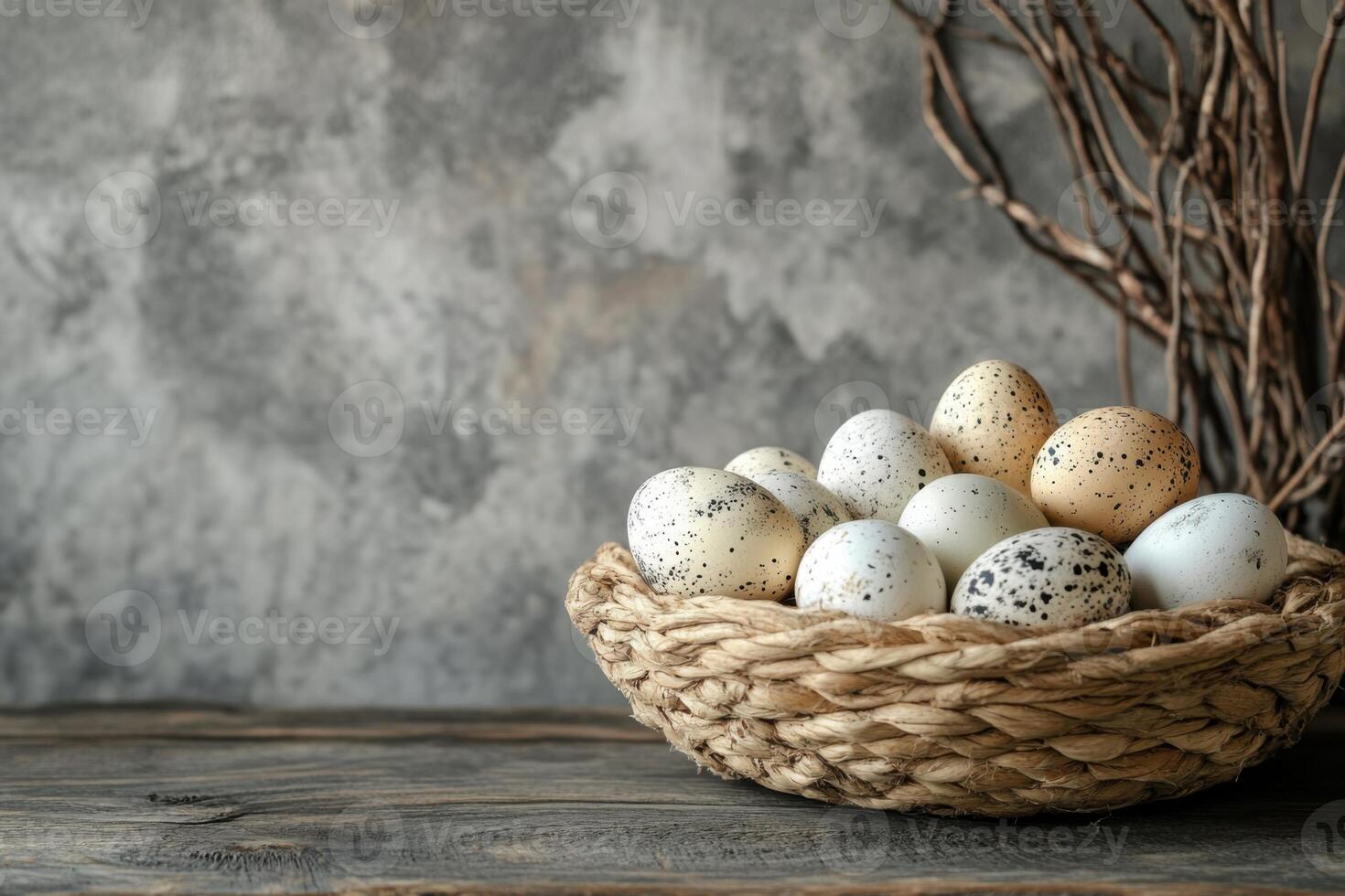 Happy Easter. Speckled eggs in woven basket on wooden table. Grey textured backdrop with rustic branches. Still life of easter eggs arrangement. photo