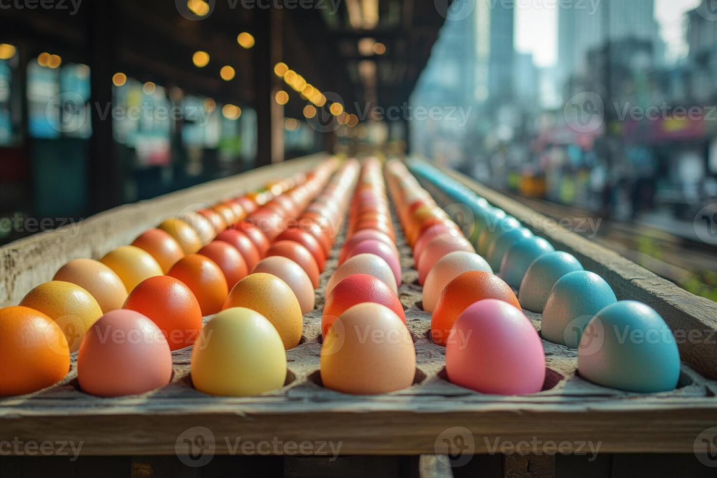 Happy Easter. Rows of colorful eggs in carton. Gradation of colors. Background shows railway and city in the distance. Shallow focus and bright lights. photo