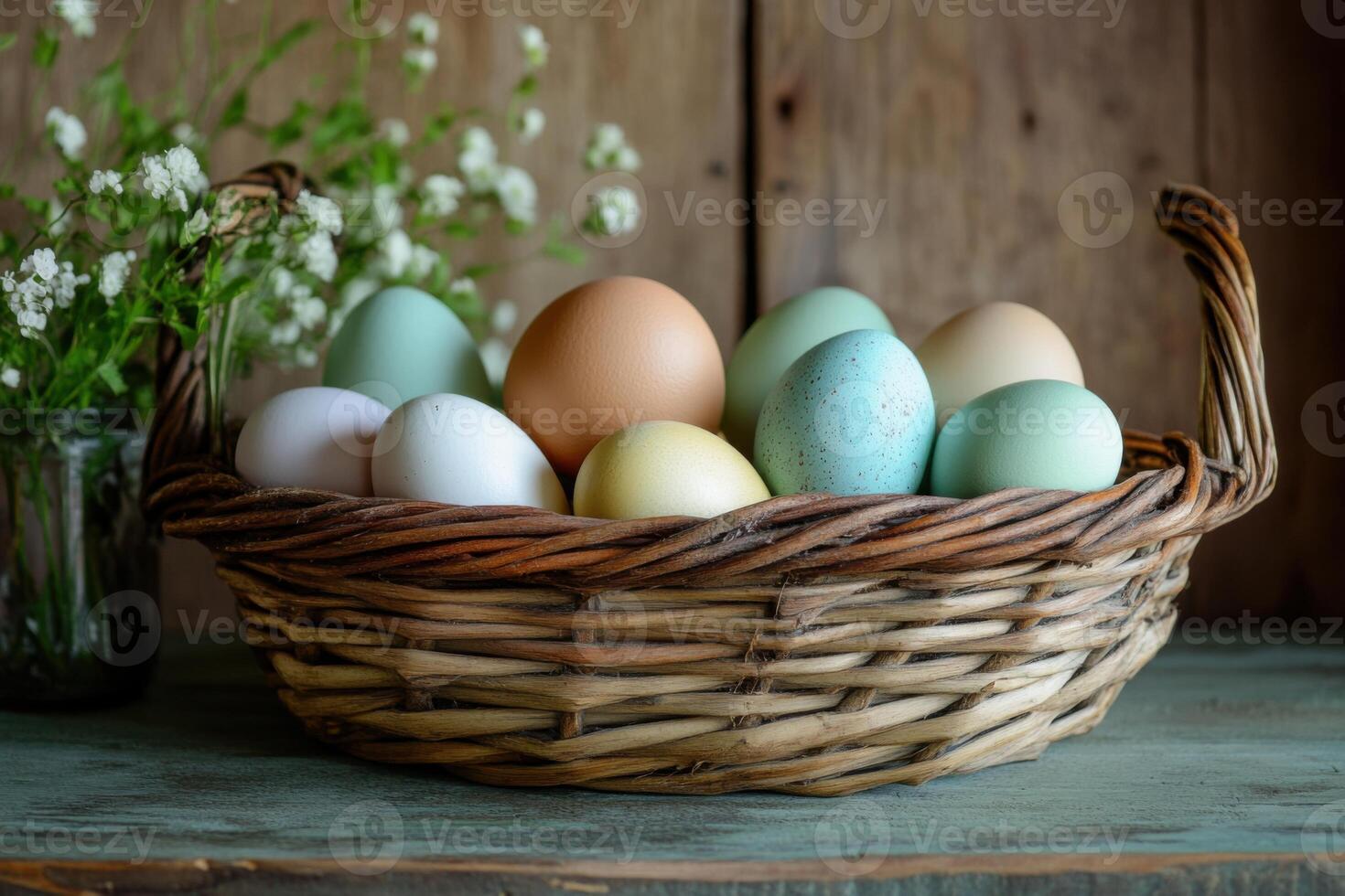 Happy Easter. Colorful easter eggs rest inside woven basket. Small white flowers in glass vase. Rustic wood background adds warmth and charm. photo