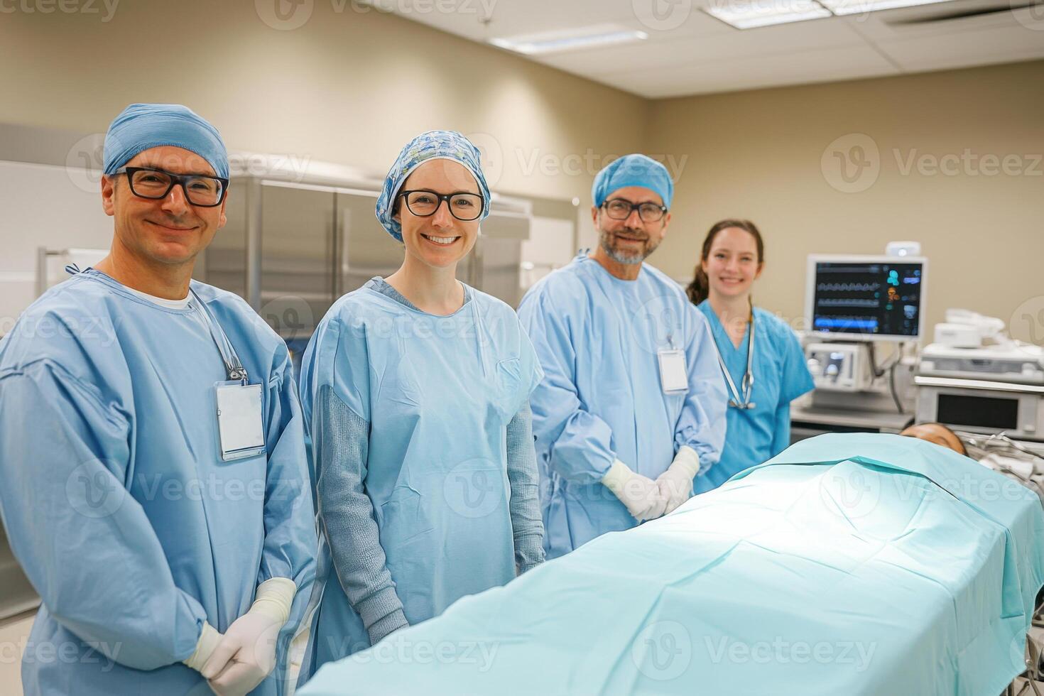 Medical professionals stand in operating room. Surgical team ready near patient on operating table. Modern hospital setting with equipment and monitor. photo