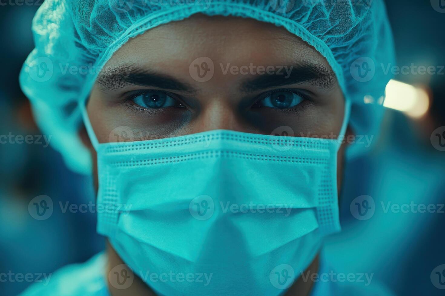 Medical Professional in Mask and Cap Looking Intensely. Healthcare Worker Ready for Surgery. Close up Portrait with Bright Eyes. Operating Room Background. photo