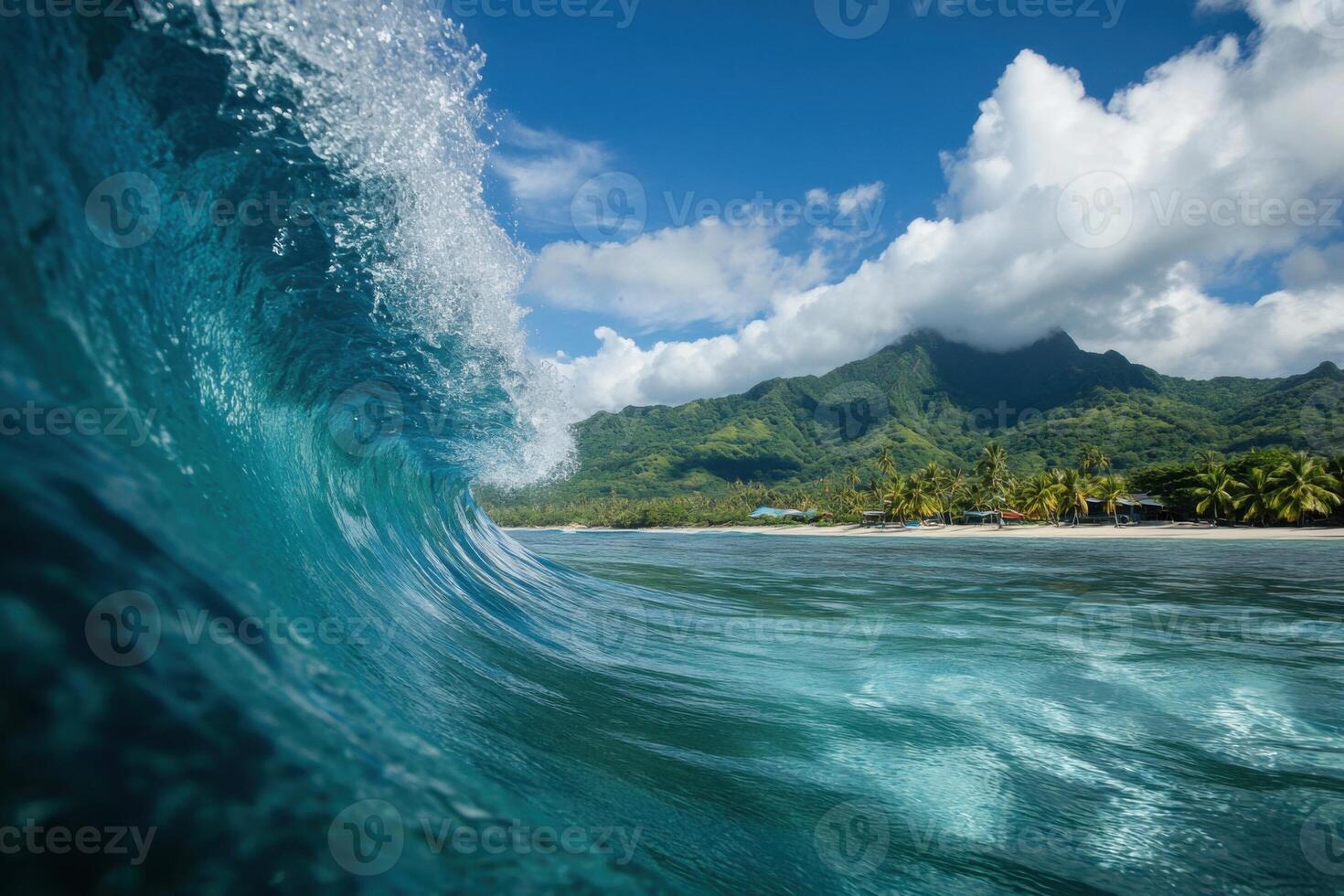 Ocean wave breaking near tropical beach. Turquoise water and lush green mountains under bright blue sky with scattered clouds. Coastal paradise scene. photo