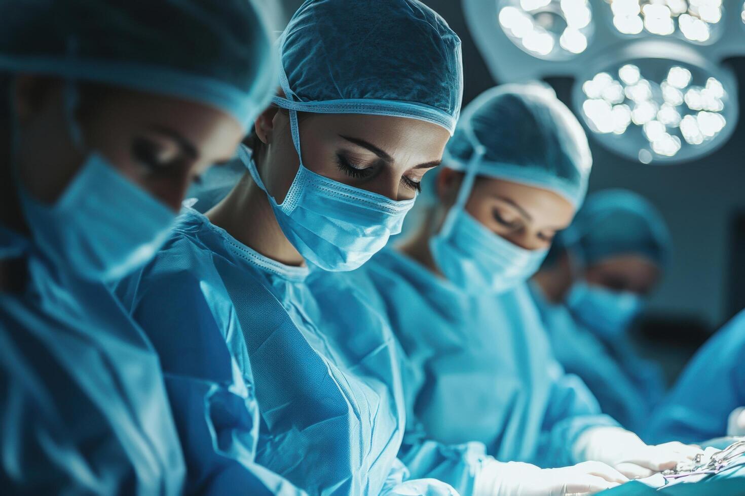 Medical staff perform surgery. Surgeons wearing masks and surgical caps. Operating room with bright lights. Doctors work intently on a procedure. photo