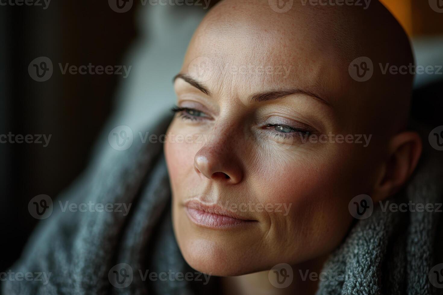 Close up portrait of a thoughtful bald woman wrapped in gray blanket looking away near window with soft light indoors photo