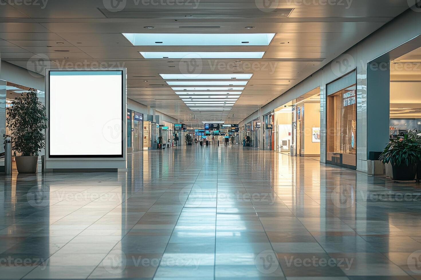 Bright shopping center interior with blank advertising billboard. Shops line corridor with shining tiled floor. Sunlight from ceiling lights the expansive space. photo