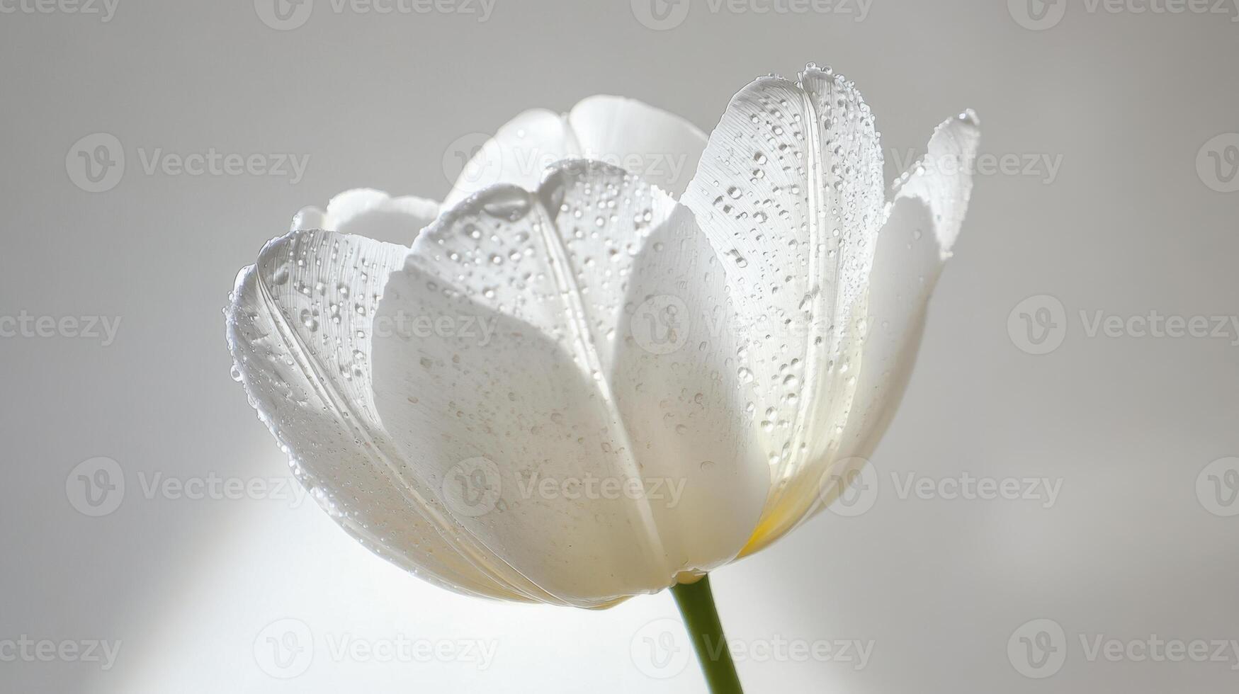 Single white tulip flower close up with water droplets on petals in soft light against a light gray background. Fresh and pure. photo