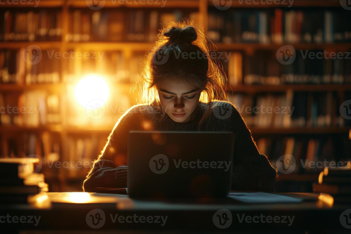 Girl works on computer in library. Warm light illuminates bookshelves. Student studies late. Focused woman typing on laptop. Education and knowledge concept. photo