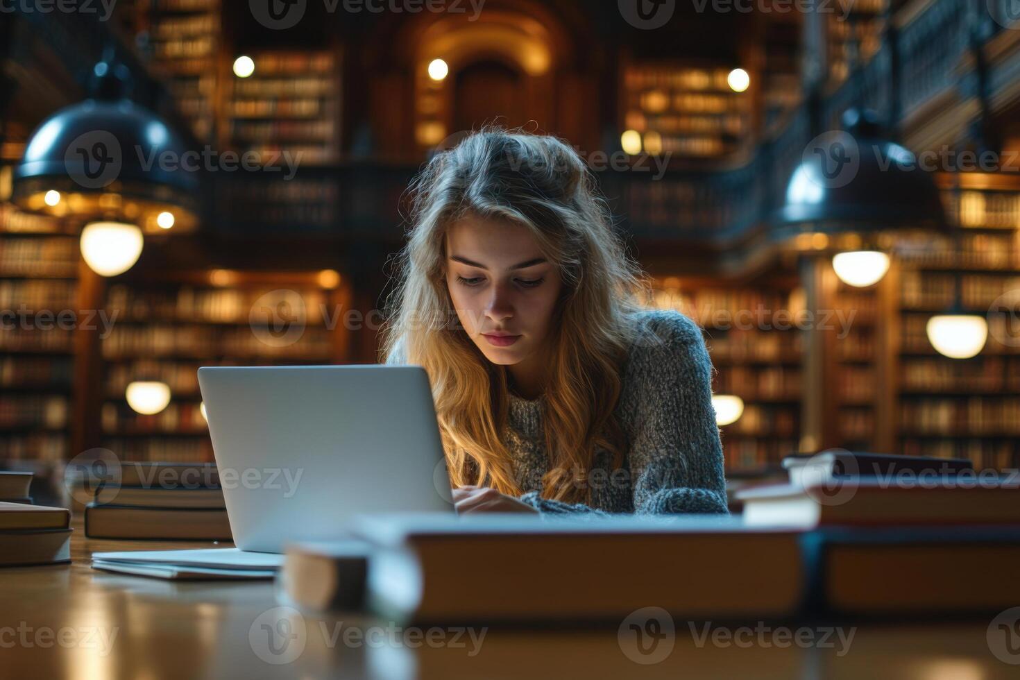 Young woman studies with laptop in old library. Many books on table and shelves. Warm light illuminates the scene. Focus on learning and knowledge. photo