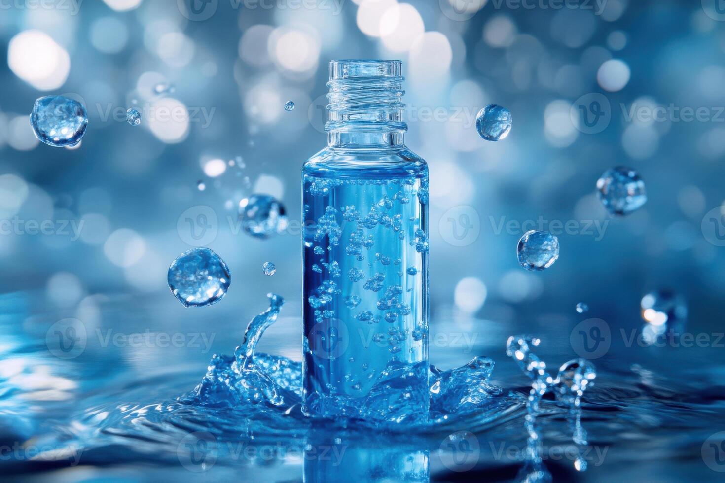 Blue liquid inside glass bottle with water drops splashing around against blurred background. Bubbles inside. Cosmetic product presentation backdrop. photo