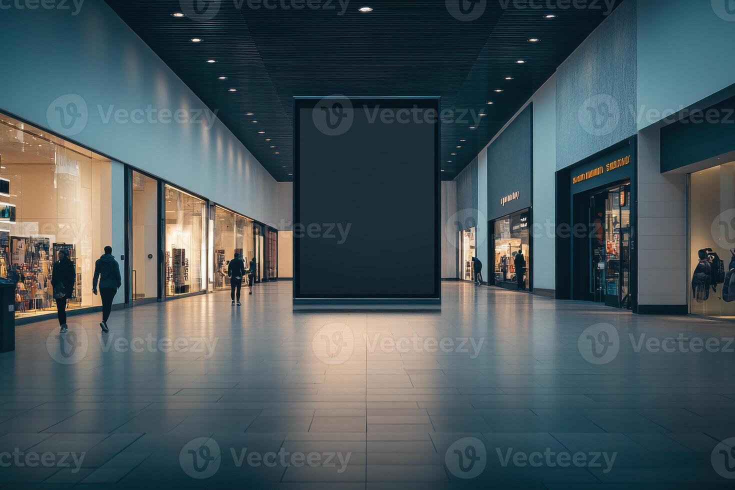 Indoor shopping center hallway with stores. People walk in modern mall. Blank billboard for advertisement. Bright floor reflects the light. photo