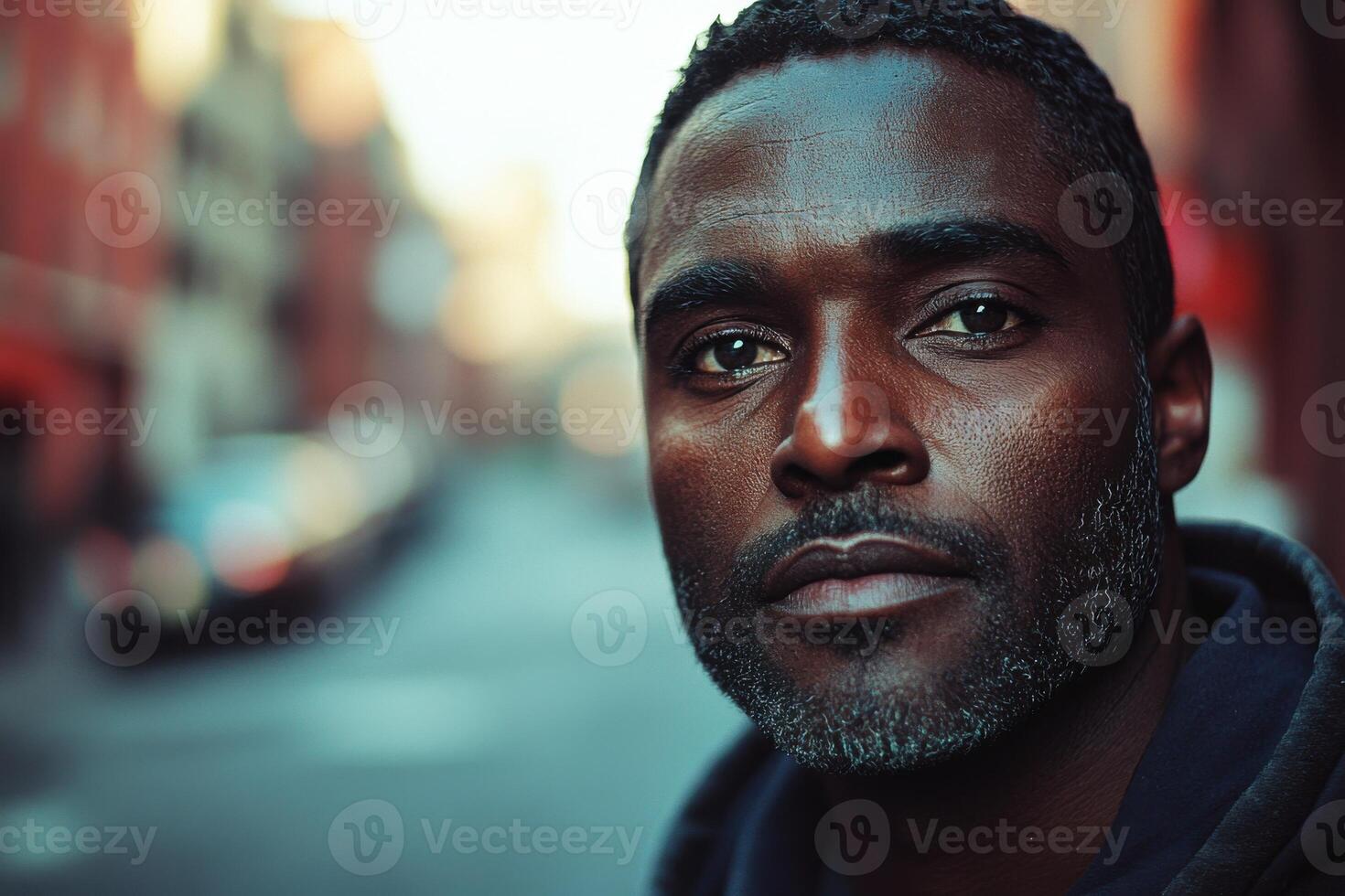 Close up portrait of a dark skinned man with beard looking forward. Street scene in blurred background with cars and buildings. Head and shoulders. photo