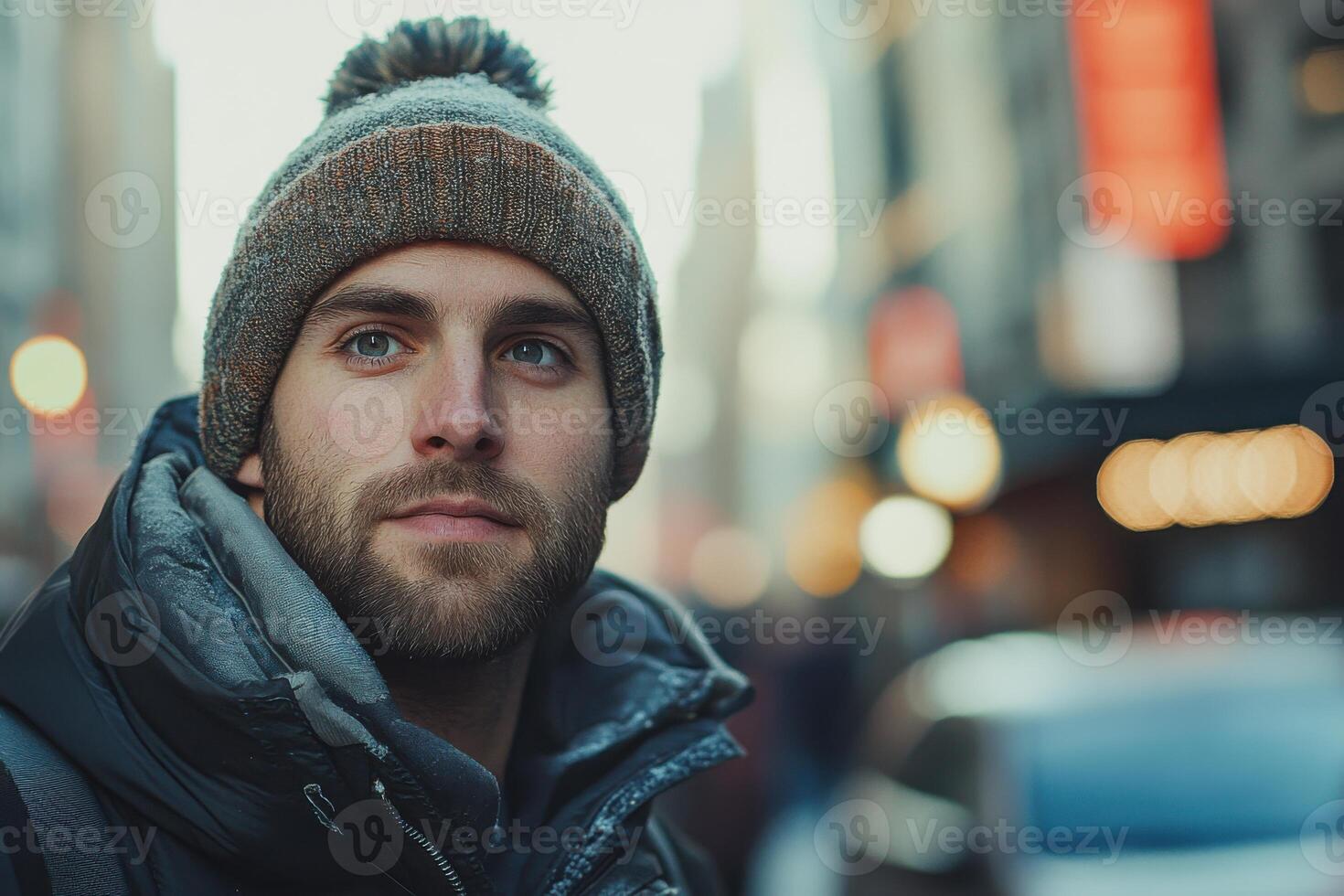 Man in winter hat looks forward. City street background. Jacket covered in frost. Cold weather outdoor portrait. Soft light and shallow depth of field. photo