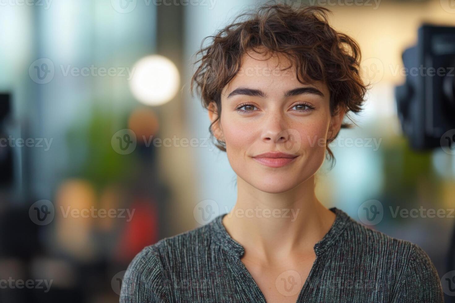 Portrait of a smiling person with short curly hair looking directly at the camera. Blurred lights and objects are in the background. photo