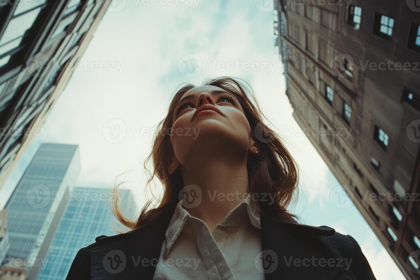 Young woman looks up at the sky. Tall buildings surround her. City sky view with a woman looking upward. Downtown building view. photo