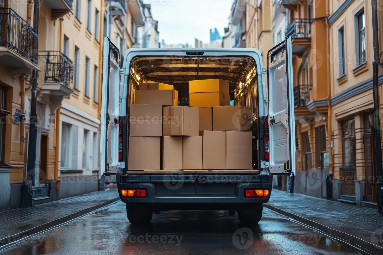 White delivery van parked on wet street. Cardboard boxes are loaded in back of the truck. Buildings line the city road. photo