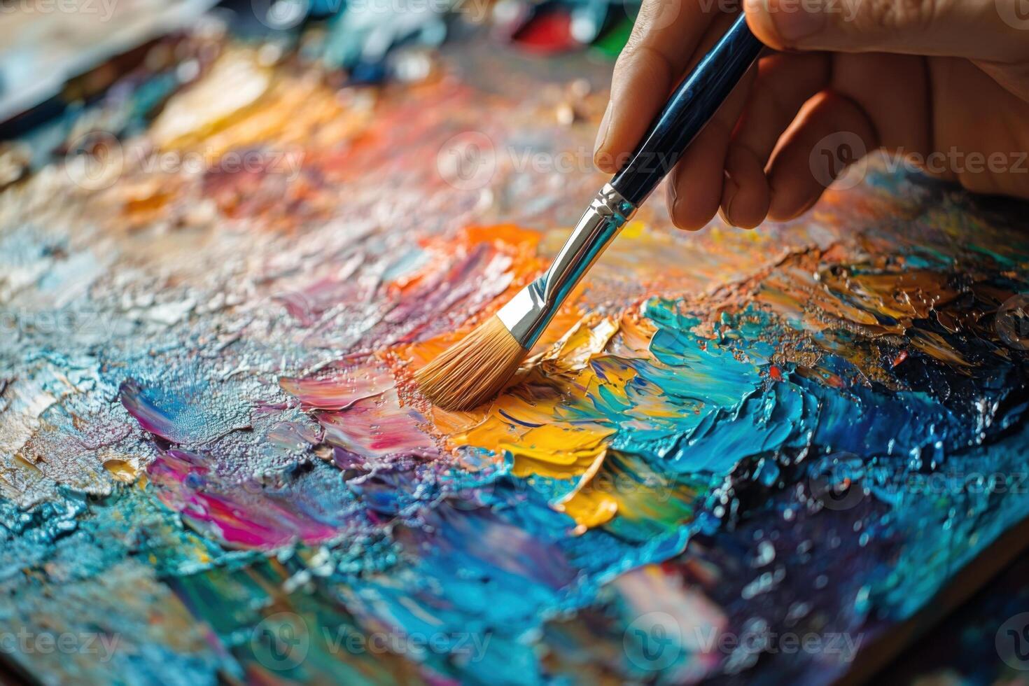 Close up of hand holding paintbrush applying colorful paint on palette. Bright shades of blue, yellow, orange, pink and brown visible. Impasto technique. photo