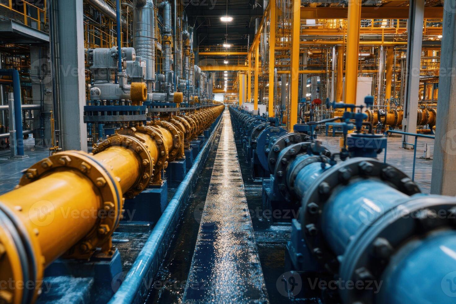 Industrial interior with long pipes. Yellow and blue tubes in a large plant. Complex network of tubes. Focus perspective on water pipes. photo