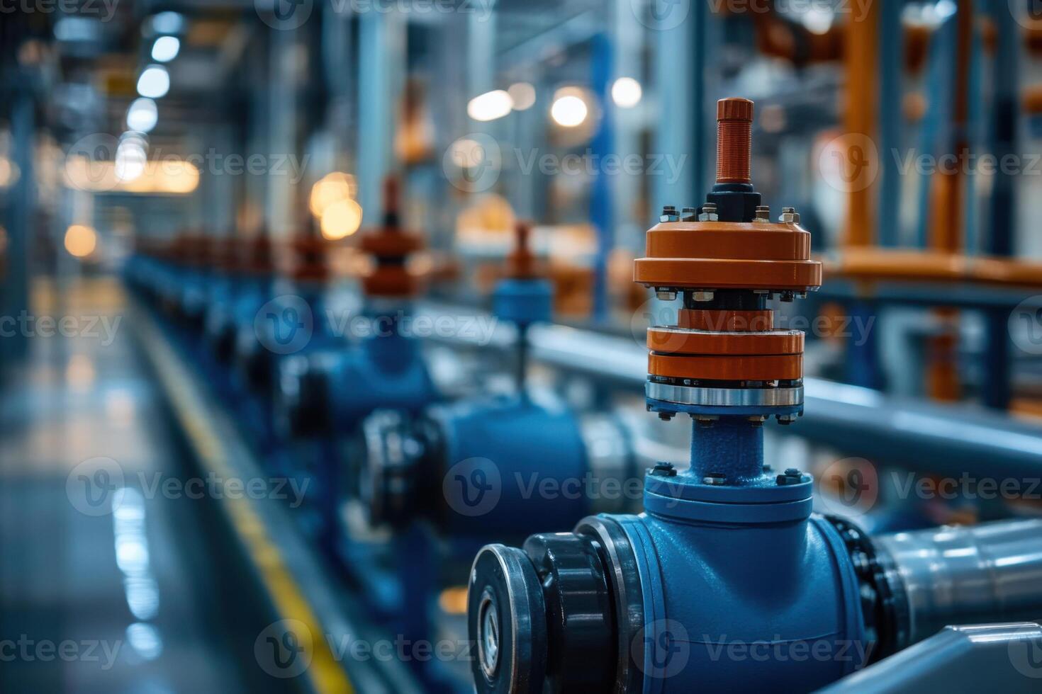Blue valves with orange tops connect to metal pipes in a long row inside industrial building with bright lighting. Factory setting. photo