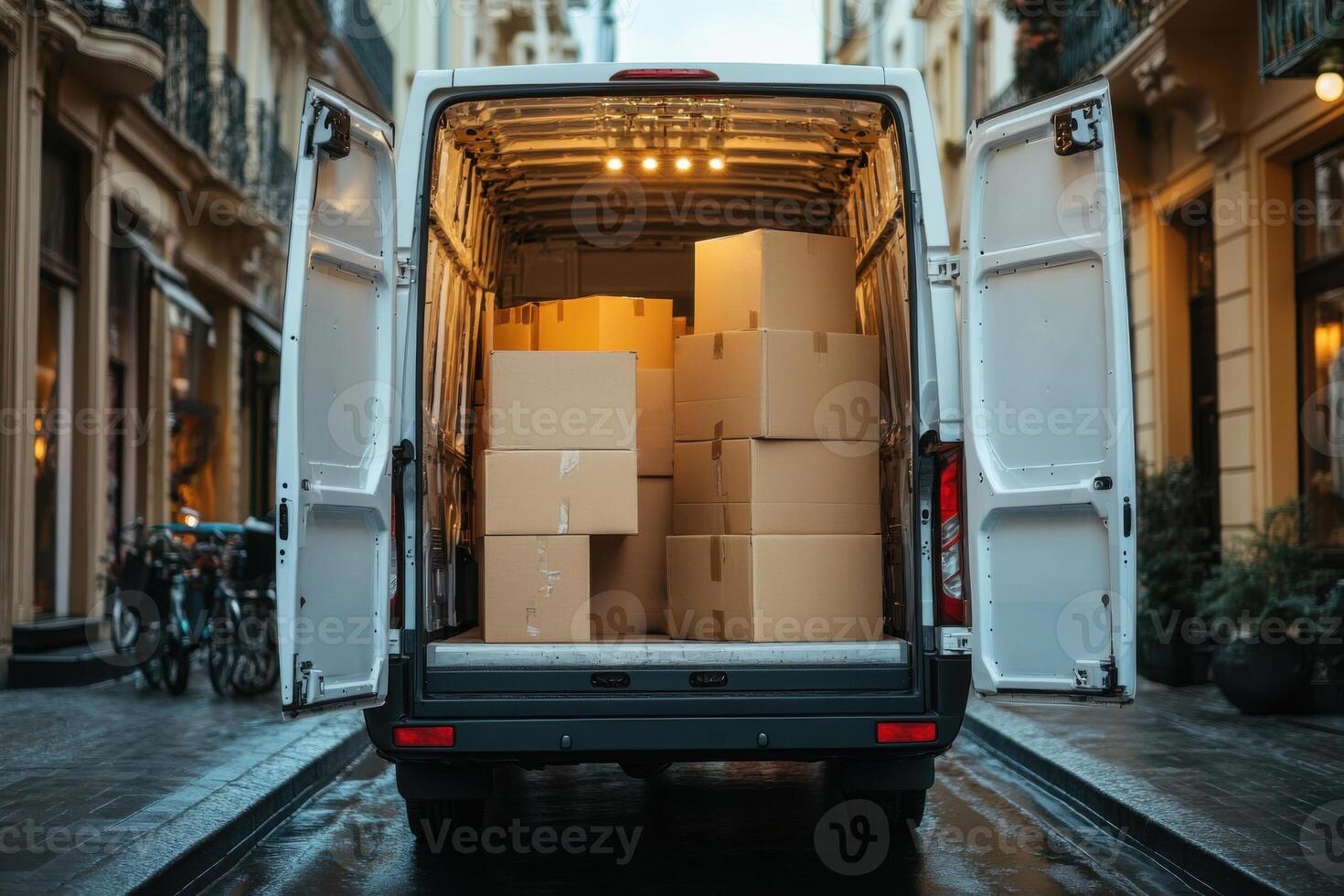 Delivery van open loaded with cardboard boxes parked on street. Building facade in background. Urban scene with bicycle on sidewalk. Transporting goods. photo