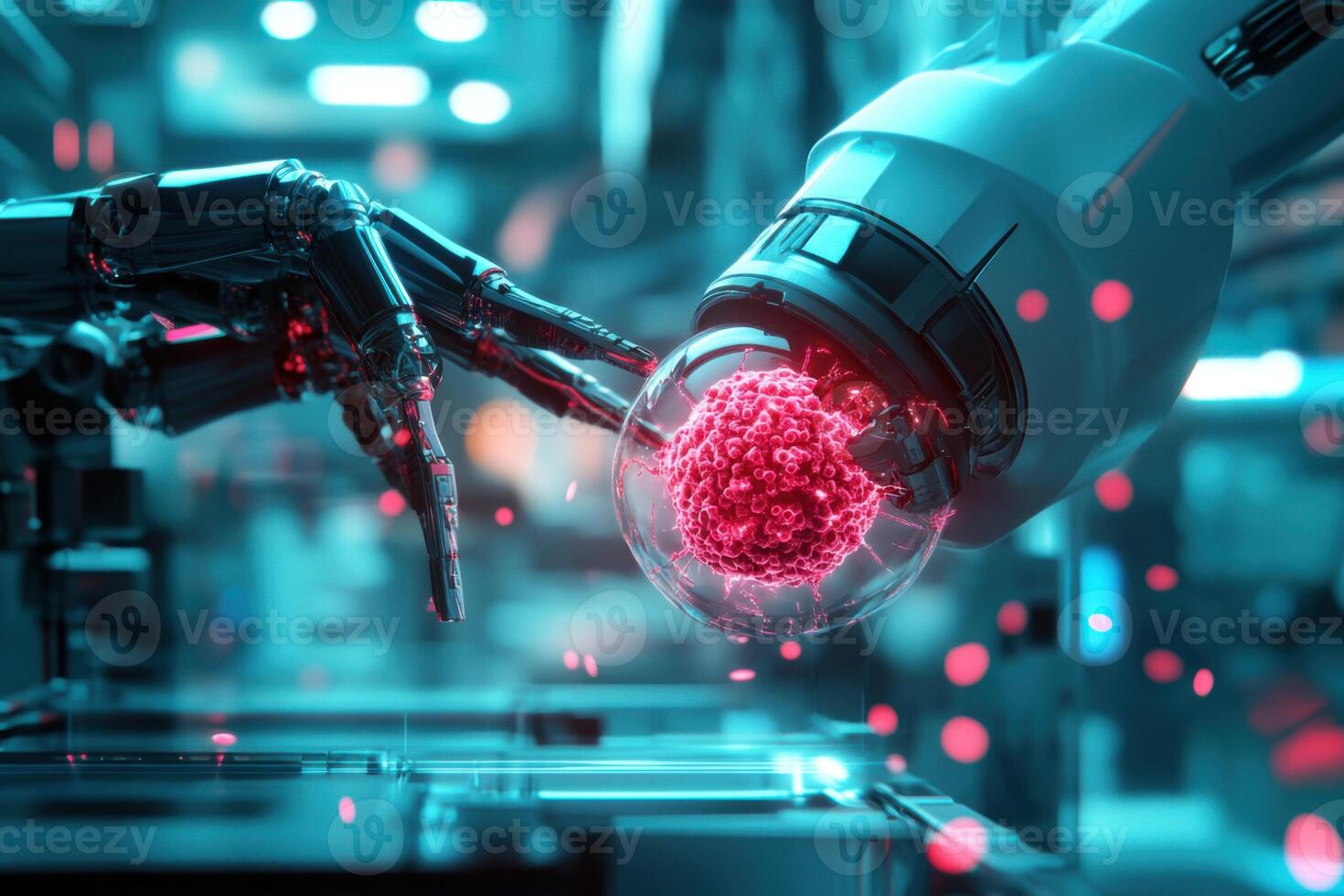Robotic arms holding cell in laboratory. Futuristic technology in medical lab with glowing lights. Science research and development. Artificial intelligence and healthcare. photo