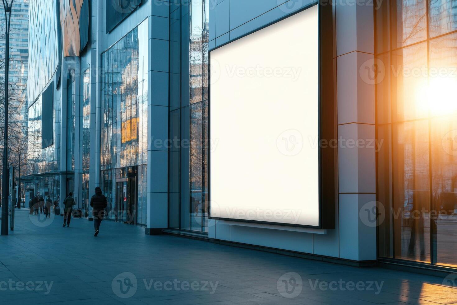 Blank billboard on building exterior. Pedestrians walk on sidewalk in urban city. Sunlight reflects off windows of large modern structure. photo