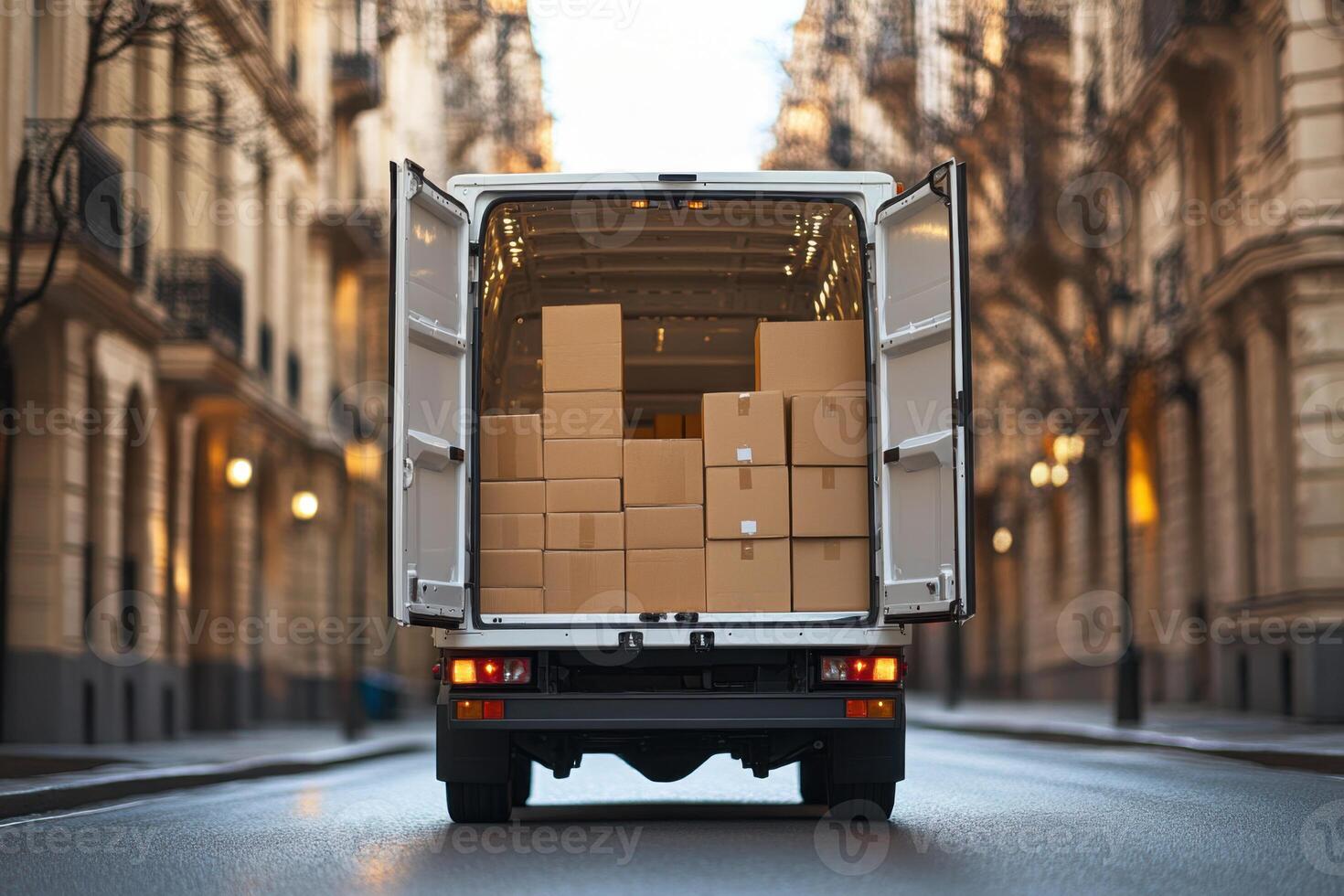 Delivery truck open on city street. Brown cardboard boxes inside. Vehicle sits on asphalt road with buildings in the background. Light shines on the truck. photo