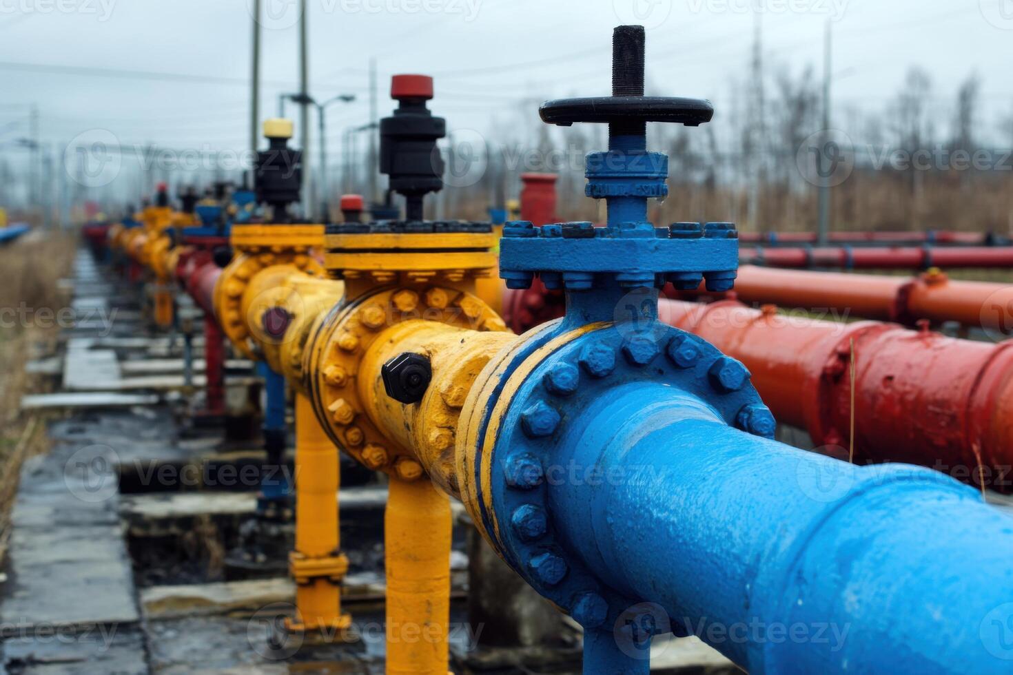 Colorful pipeline valves stretch into distance. Industrial pipes with knobs and fasteners on gray concrete blocks. Industry construction with many pipes and valves. photo