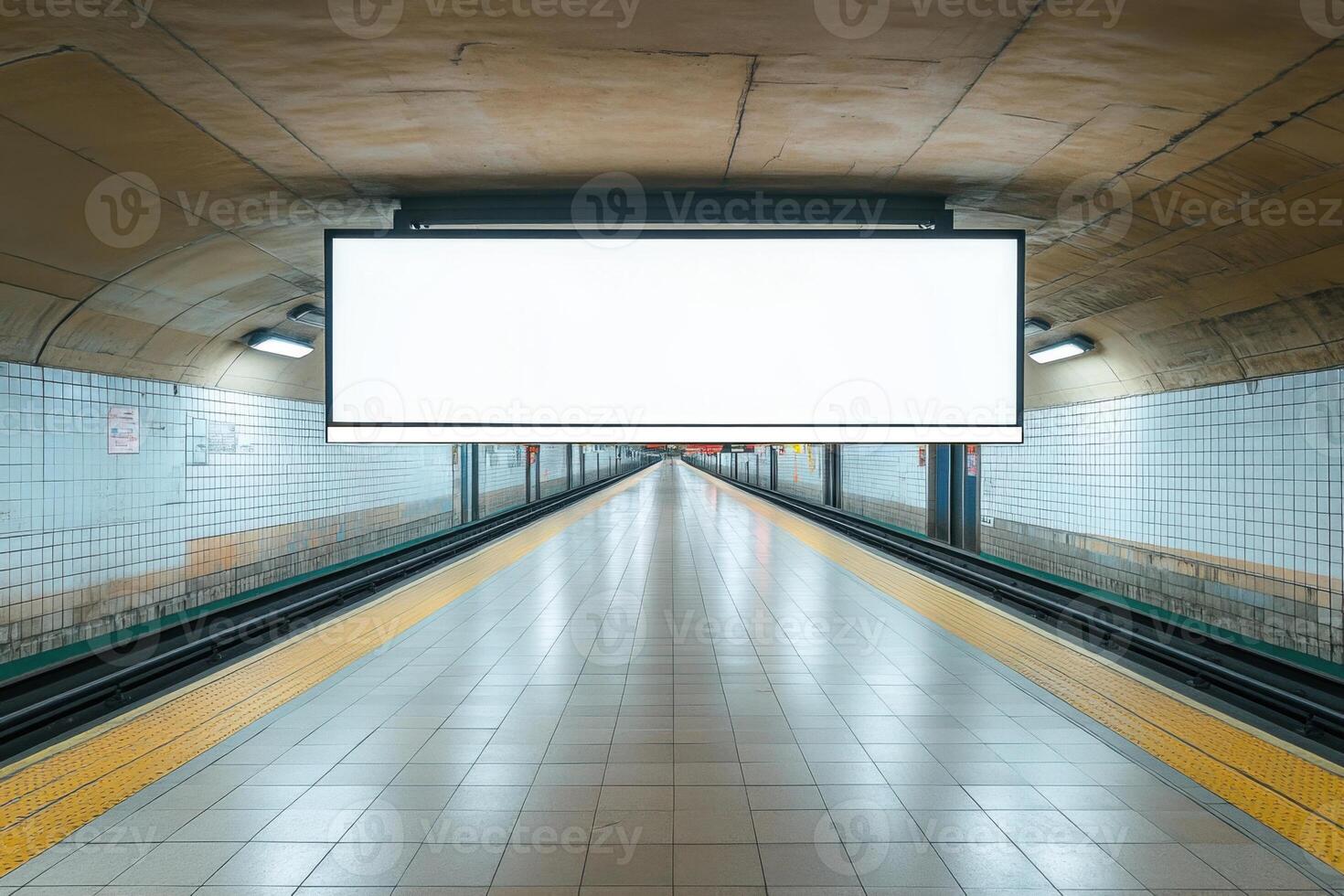 Empty subway platform. White blank billboard above tracks. Tiled floor and walls. Arched ceiling. Waiting area. Underground train station. photo
