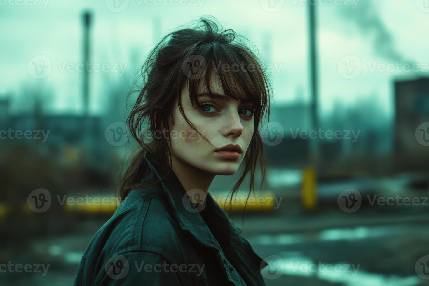 Woman stares intently in gritty outdoor setting. Urban decay visible. Dark jacket and moody lighting in overcast landscape with industrial elements. photo