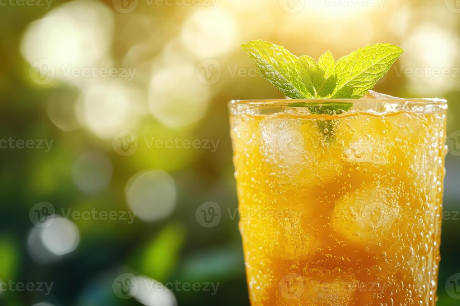 Iced drink with ice cubes and a mint garnish served outside with a blurry green background and bright sunlight shining through leaves photo