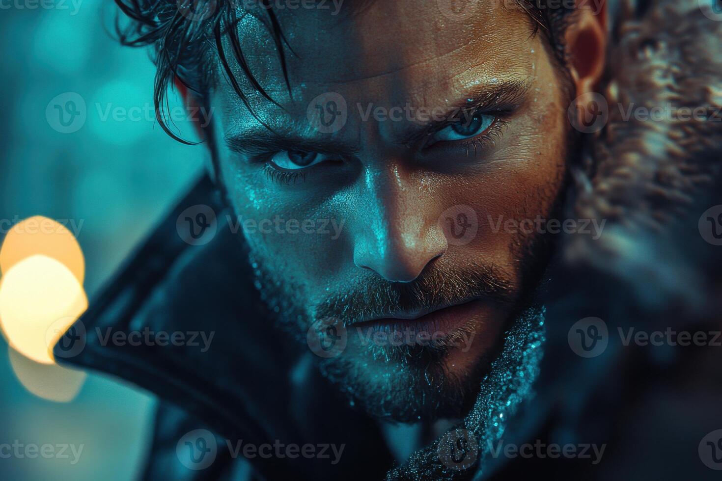 Close up portrait of a man. He has dark hair and a beard. Dramatic lighting. He is wearing a jacket with a fur collar. Dark mood. photo
