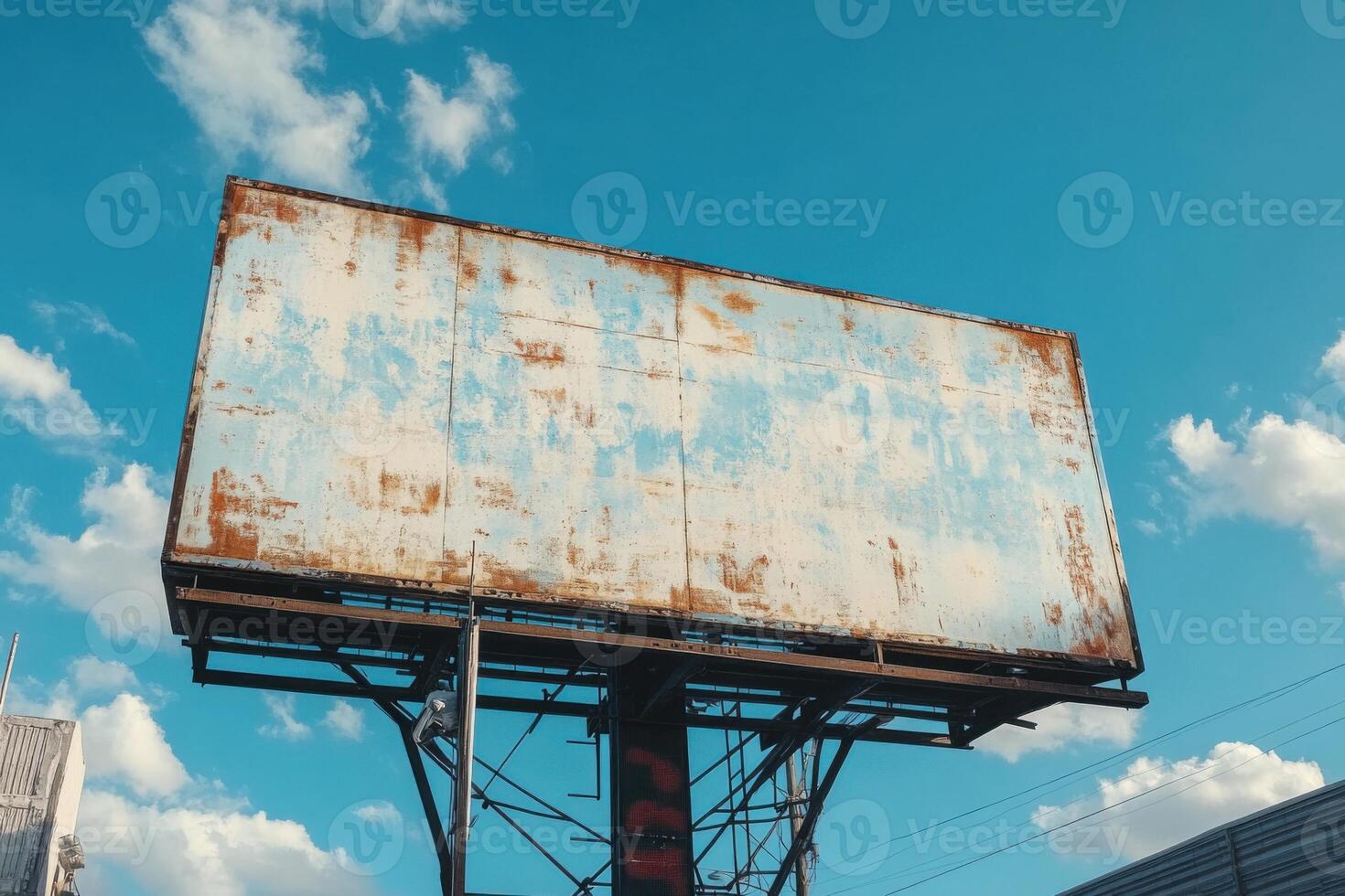 Weathered billboard structure stands against bright blue sky. Clouds dot the background of rusty old advertising space on metal framework. photo