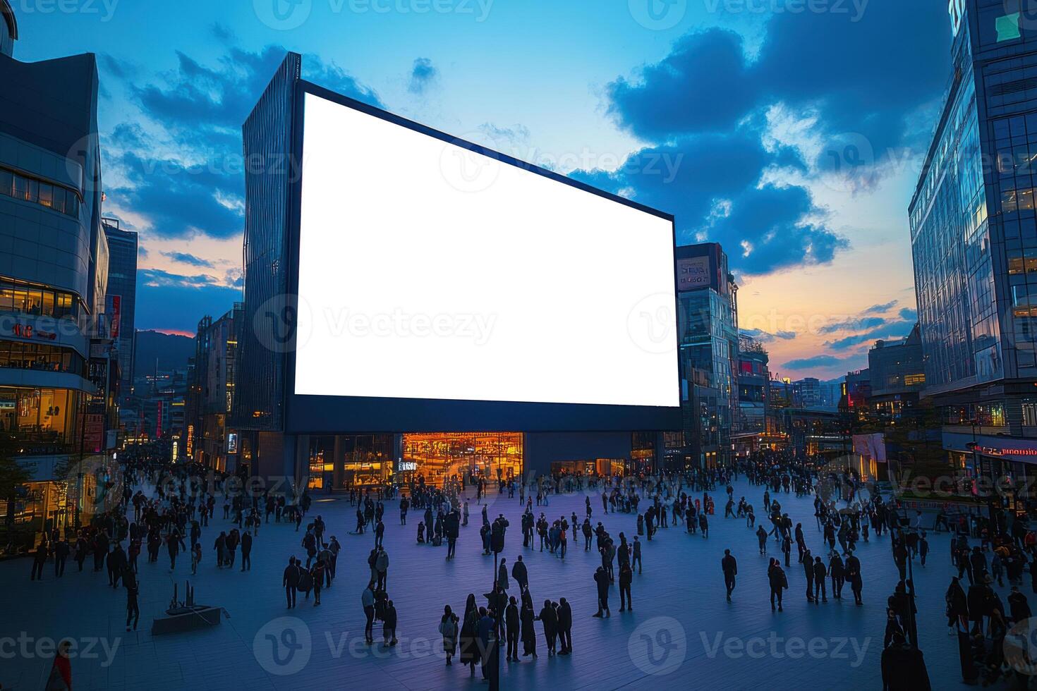 Crowd of people walking in a busy city square with a large blank billboard at dusk with city buildings and cloudy sky. photo