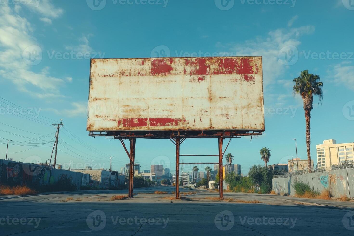Rusty Billboard Frame Stands Tall Above a Paved Road on a Sunny Day in a City with Distant Buildings and Palm Trees photo