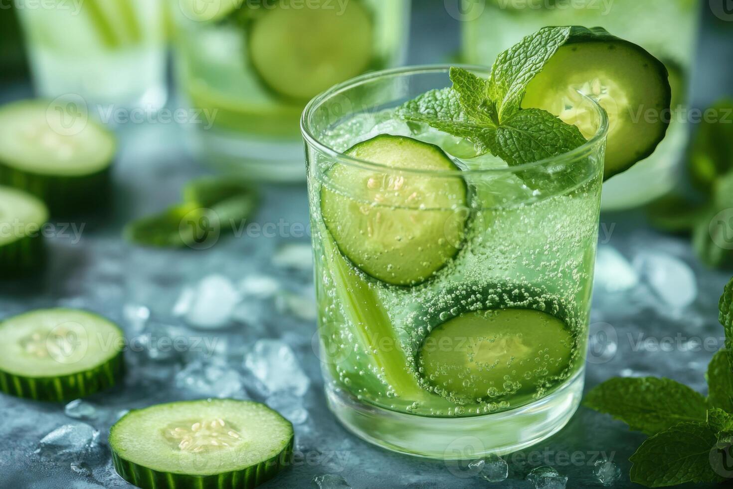 Refreshing drink in clear glass. Cucumber slices and mint garnish. Cold beverage with ice. Cool drink on stone surface. Healthy summer drink. photo
