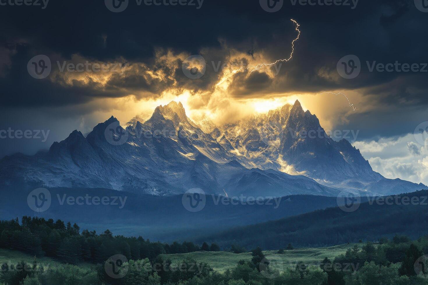 Mountain range under dark clouds. Golden light shining through. Lightning strike. Forest in foreground. Dramatic sky. Mountain peaks. photo