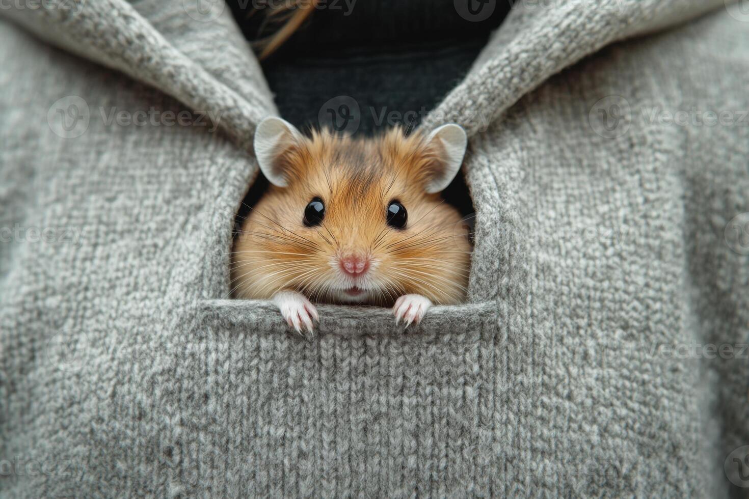 Small brown hamster looks out from inside grey knit sweater. Cute animal portrait with tiny hands and black eyes. Close up view. photo