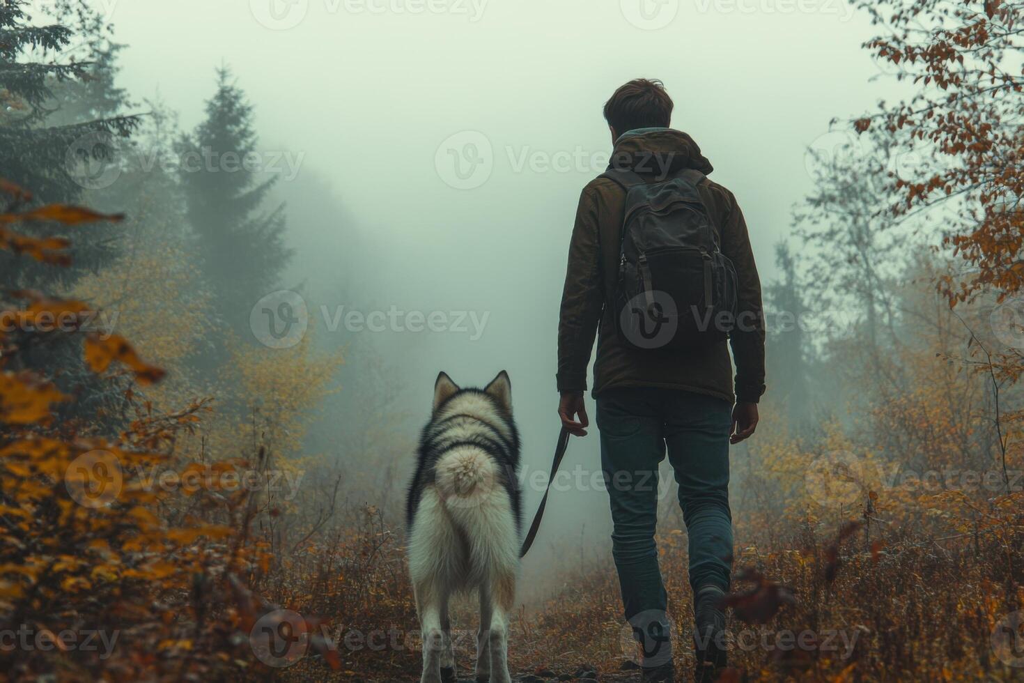 Man walks with dog on path. Misty forest with tall trees and autumn colors. Hiking through foggy woods with backpack. photo