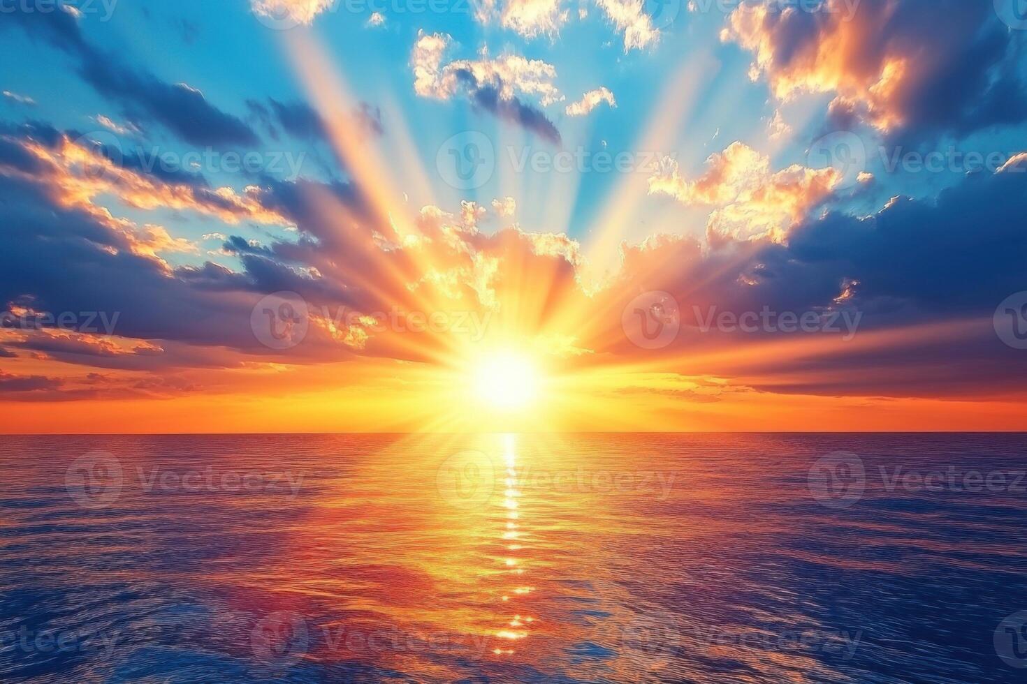 Bright sun rays shine over the ocean water. Clouds scattered above the sea at dusk with warm colors across the sky. photo