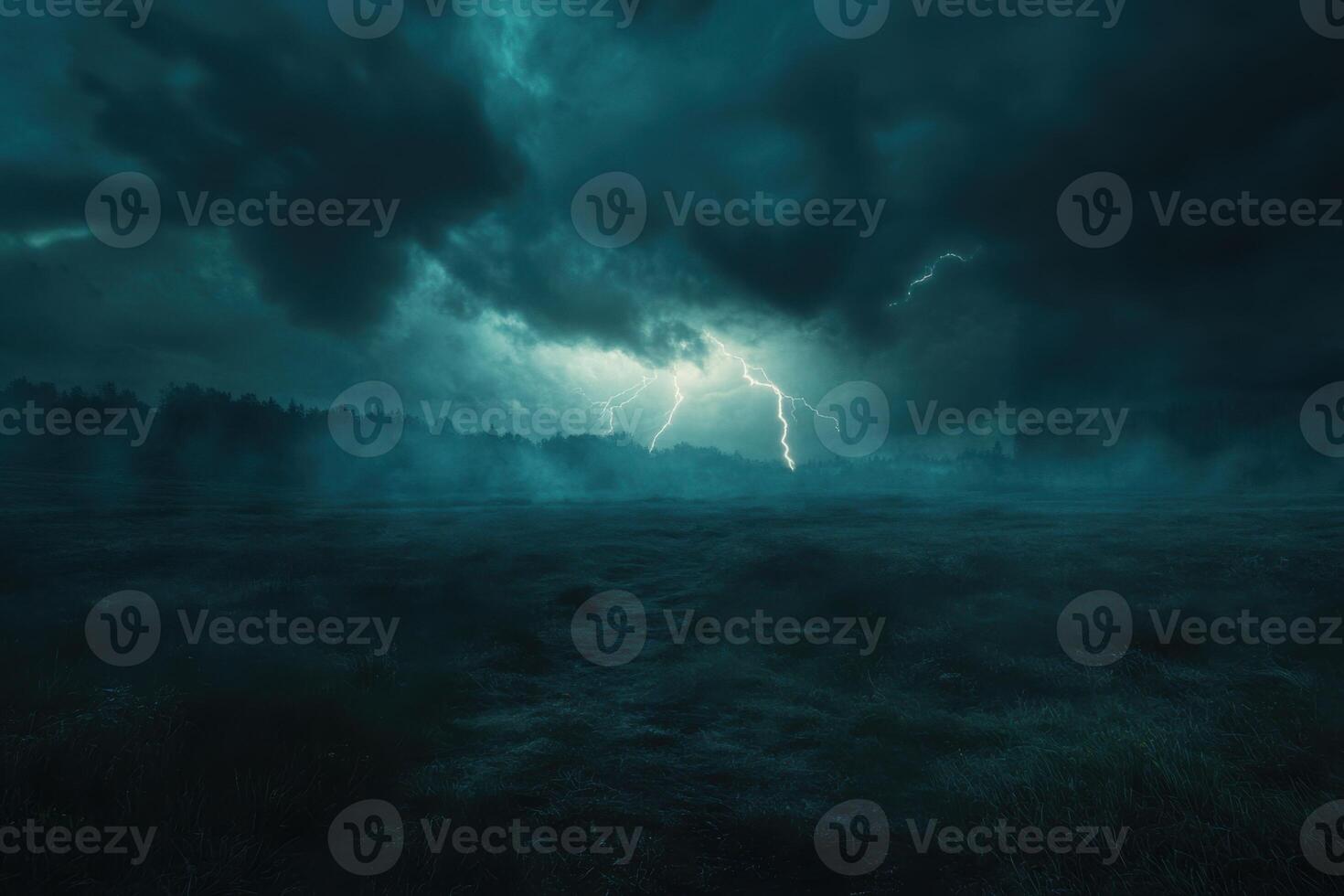 Dark storm clouds above a misty field with trees. Bright lightning strikes in the distance. Dramatic sky and landscape at night. photo