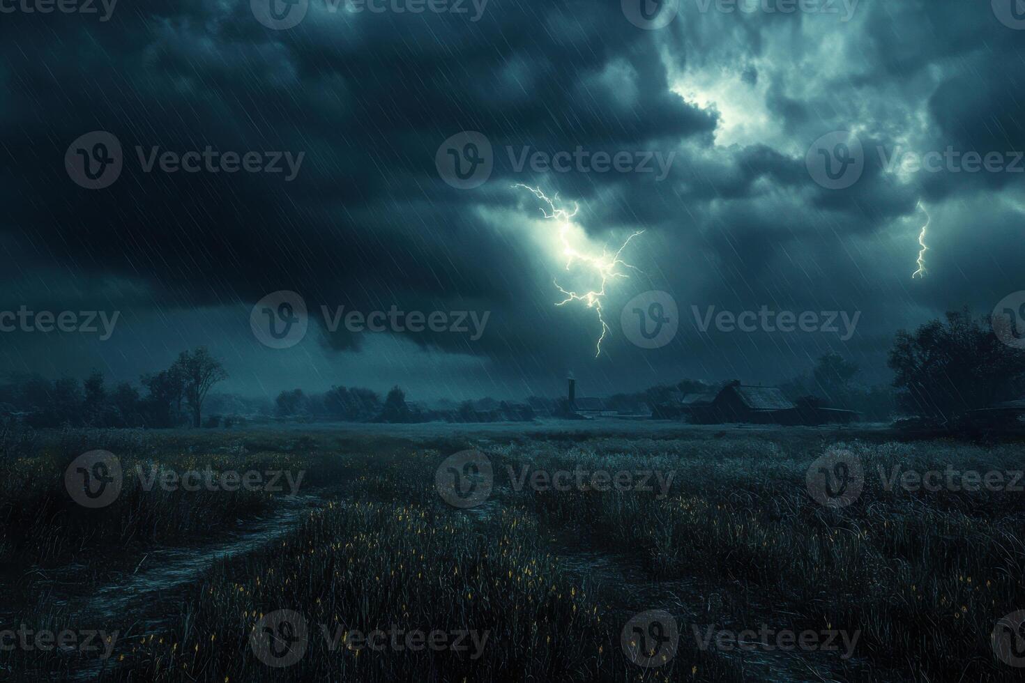Dark storm clouds with lightning strikes over a field of tall grass near distant buildings during a rainy evening showing powerful weather photo